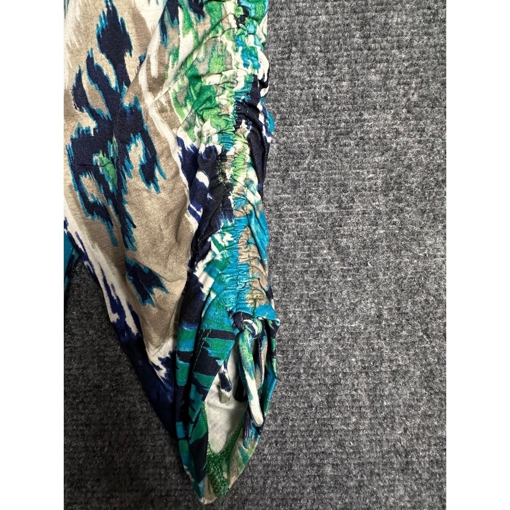 Chico's Womens Ikat Print Blouse Size L Blue Green Ruched 3/4 Sleeve Scoop Neck - Picture 5 of 7